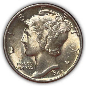 1945 Mercury Silver Dime Uncirculated UNC Coin, Faint Cleaning #23868 - Afbeelding 1 van 3