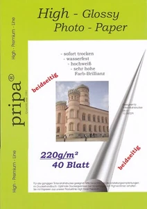 PRIPA Fotopapier 40 Blatt DIN A4 (ca. 210-297mm) 220g/m² glossy beidseitig  - Bild 1 von 1