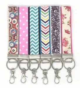Fabric Cotton Wristlet Key Fob with silver split ring and swivel clasp - Picture 1 of 9
