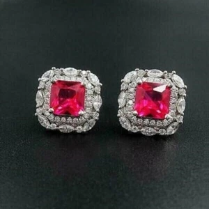 Simulated Princess Cut Red Ruby Women Wedding Stud Earrings In 925SterlingSilver - Picture 1 of 4