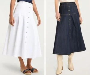 Women Cinq A Sept High Waist Single Button A-line Denim Midi Skirt - Picture 1 of 9