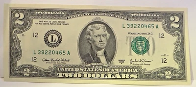 Two Dollar Bill $2 Note Uncirculated Series 2003A  L39220465A - Image 1 of 4