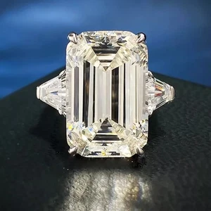 RARE 16.50 Ct Emerald Cut Off White Treated Diamond 925 Silver Ring Great Shine - Picture 1 of 7