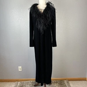 Patra Vintage Long Maxi Duster Ostrich Feather Velvet Coat Size L Gothic Witchy - Picture 1 of 8