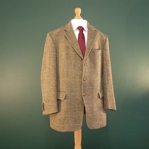 Harris Tweed Barutti Blazer Men's 44S Brown Wool Check Windowpane Jacket - Picture 1 of 16
