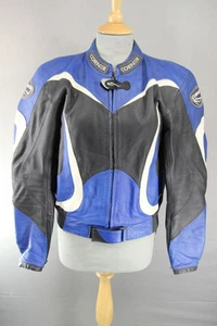 CORNER BLACK, BLUE & WHITE LEATHER BIKER JACKET WITH REMOVABLE CE ARMOUR 40 INCH - Picture 1 of 8