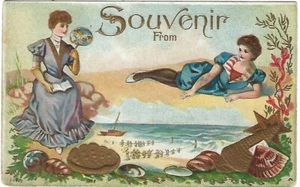 C. 1914 Meer & Muschel Souvenir bunte Postkarte zwei Frauen Badeanzug - Bild 1 von 2