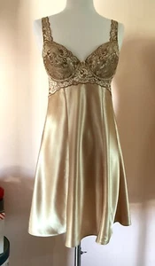 VICTORIA'S SECRET ๐ SZ MED 1 PC BRA SLIP,CHEMISE GOLD POLY LIKE SATIN,LACE BRA - Picture 1 of 15