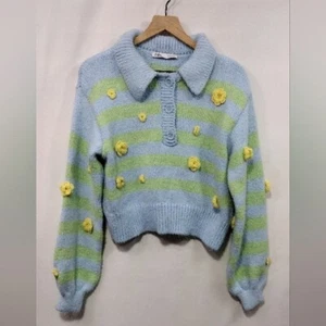 Zara Embroidered Floral Striped Sweater Women's M Blue Green Cottagecore Preppy - Picture 1 of 10