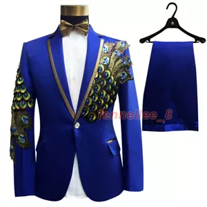 2PCS Men One Button Sequin Peacock Blazer Suit Slim Jacket Trouser Stage Costume - Picture 1 of 18
