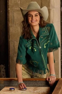 Camisa verde de viaje informal con flecos bordados de vaquera hecha a mano para mujer ropa de oficina - Imagen 1 de 6