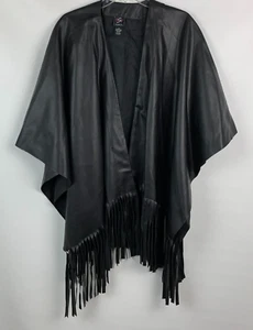 ESY Studio Shawl Black Faux Leather Collarless Poncho Fringe Hem One Size - Picture 1 of 7