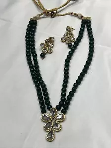 Bollywood Ethnic Indian Green CZ Pearl Stud Necklace Bridal Kundan Jewelry Set - Picture 1 of 5