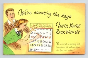50er Jahre Kirche Come Back Kalender Erinnerung Tage zählen religiös Vintage Postkarte - Bild 1 von 2