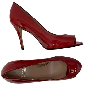 Stuart Weitzman Red Patent Leather Peep Toe Pumps Size 8B Stiletto 7913 Spain - Picture 1 of 15