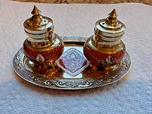 Vtg 1970s Hand-Made Salt & Pepper & Tray Brass And Enamel Made In India - Picture 1 of 11