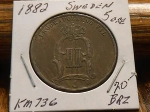 1882 Sweden ~ 5 Öre ~ KM736 ~ High grade, old bronze coin - Picture 1 of 3