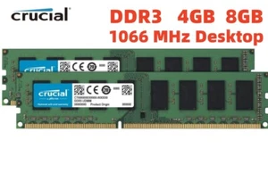 CRUCIAL 4GB 8GB DDR3 1066 MHz PC3-8500 Desktop DIMM 240-Pin Memory RAM 8500U - Picture 1 of 11