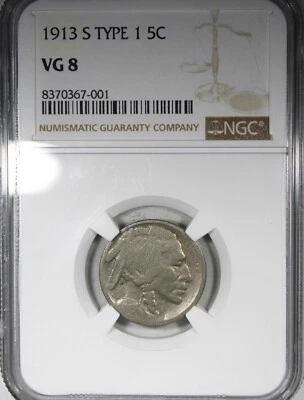 1913-S Type 1 Buffalo Nickel NGC VG8 Better Date 5C Low Grade - Image 1 of 2