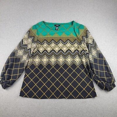 Alfani Shirt Womens Large Green Black Puff Lace Sleeves Boat Neck Loose Top - Image 1 of 4