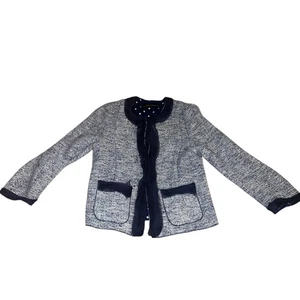 Zara Tweed Blazer Rüschensaum Gr. S blau cropped 3/4 Arm Büro Sirene Sekretärin - Bild 1 von 7