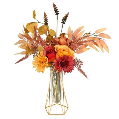 Flores falsas naranja profundo con florero arreglos florales artificiales para el hogar Foto 1 de 4