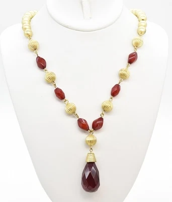 20.5" George Satin Gold Plated Beaded Red Glass Teardrop Pendant Chain Necklace - Image 1 of 4