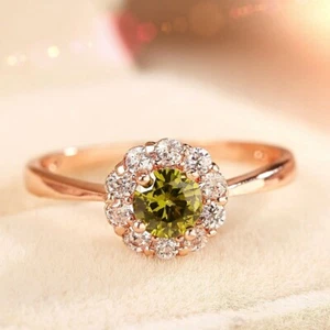 18K Rose Gold Filled Cubic Zirconia Round Cut Olive Floral Cluster Halo Ring - Picture 1 of 4