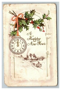 Reloj Bolsillo Vintage Principios de 1900 Postal Año Nuevo Repujado Holly Berries - Imagen 1 de 2