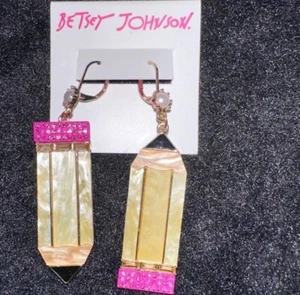 Authentic Betsey Johnson Back To School Teacher Yellow Pencil Dangly Earrings - Picture 1 of 4