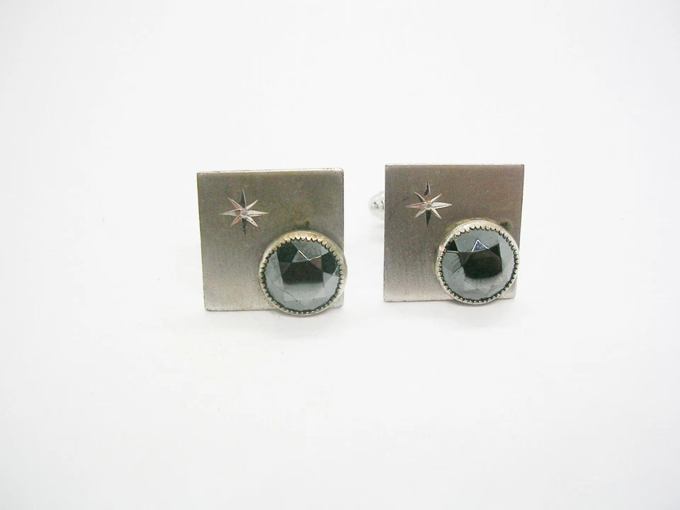 Vintage Sterling Silver Cufflinks Hematite Stone Starburst Design Man Jewelry - Image 1 of 3