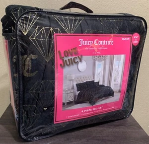 Juicy Couture Black/Gold Diamonds & JC Logos 4pc QUEEN Comforter Set Soft & Cozy - Picture 1 of 10