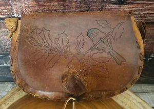 Leather Handbag Engraved 70's Hand Tooled Bag Purse Bird Hippie Boho Vintage - Picture 1 of 15