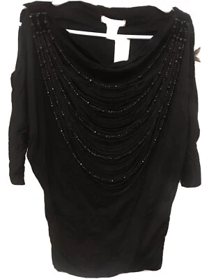 🖤ARDEN B Túnica Negra Top Flecos Cuentas Boho Chic Hombro Frío NUEVO CON ETIQUETAS ORIG $98 Foto 1 de 4