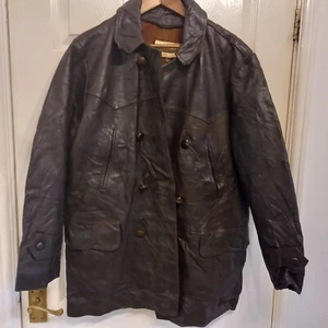Vintage Redskins Leather Brown Jacket Button Overcoat XL 303 - Picture 1 of 8