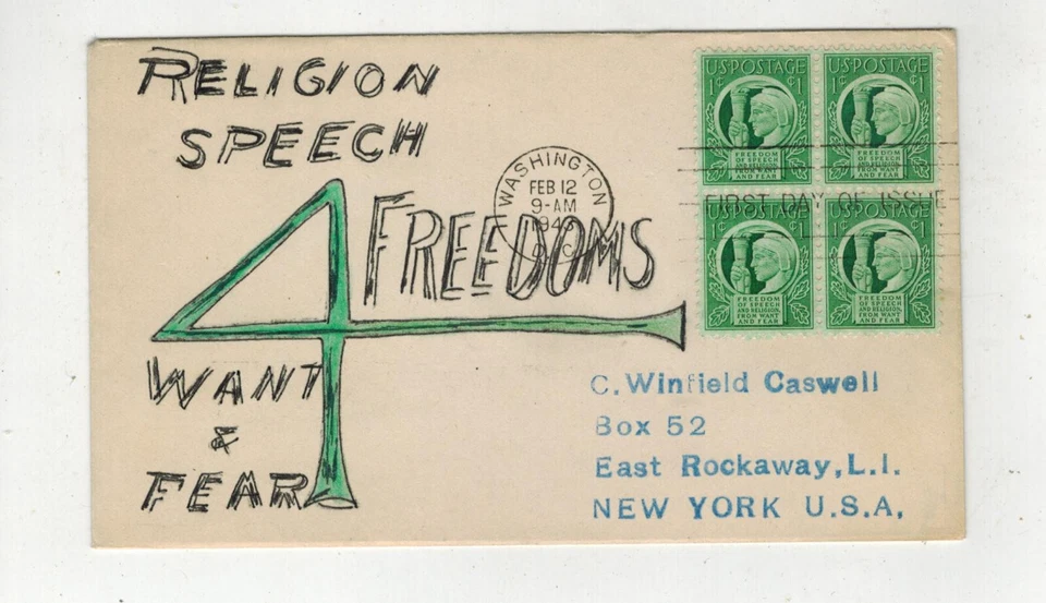 Patriotic FDC 1943 THE FOUR FREEDOMS 908 UNKNOWN UNLISTED HANDDRAWN TINTED - Image 1 of 1