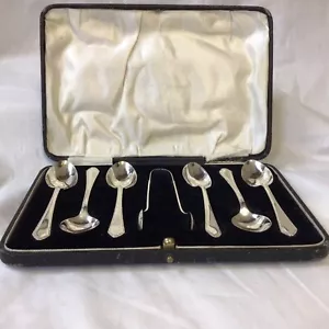 1924 Set Six Silver Tea Spoons & Sugar Nips Hallmarked William Suckling Ltd 82g - Picture 1 of 10