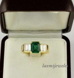 1.74CT Emerald Cut Real Emerald Men's Engagement Wedding Ring 14K Yellow Gold FN - Picture 1 of 6