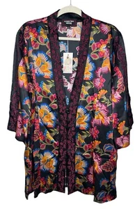 Johnny Was L Sidonia Kimono Black Floral Print Embroidered Silk Jacket $350 - Picture 1 of 7
