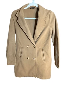 Boohoo Womens Double Breasted Button Wool Look Coat in Camel Sz S - Picture 1 of 9