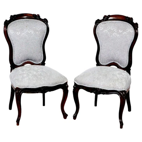 Antique Pair Victorian Carved Mahogany Upholstered Side Chairs 19th C Cover