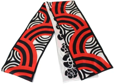 Chanel Bufanda Camelia X Patrón Geométrico Rojo X Negro X Blanco 100% Seda Para Mujer Foto 1 de 4