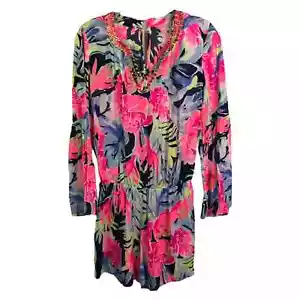 Lilly Pulitzer Women's Arielle Beaded Romper High Tide Navy Tropicolada Pink XS - Picture 1 of 9