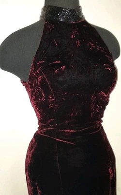 Vestido de Cóctel De Colección Años 90 Terciopelo Aplastado Cuello Alto Cuentas Borgoña Vino RIMINI XS Foto 1 de 4