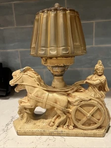 Art Deco 1930's Chariot Gladiator Metal Lamp with Original Amber Shade 11x13x3 - Picture 1 of 24