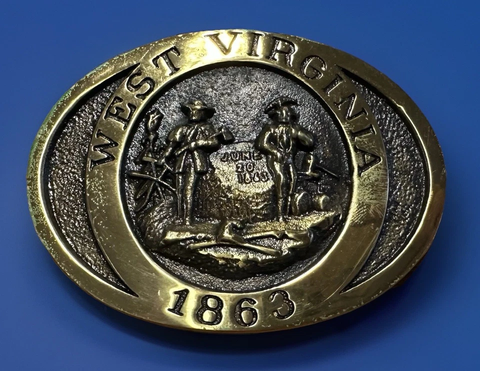 Vintage Heritage Mint Ltd West Virginia Brass Belt Buckle Original Pouch - Image 1 of 4