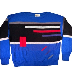 Vintage L / XL 1980s Blue Multicolor Geometric Sweater Art Abstract Women’s Knit - Picture 1 of 6
