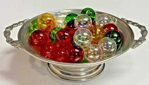 Queen Art Danish Pewter Footed Dish Filled With Colorful Christmas Glass Baubles - Picture 1 of 6