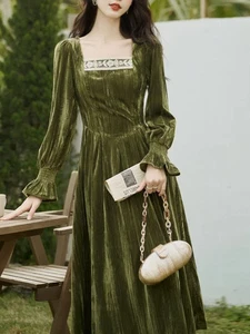 Elegantes Vintage Samt Midikleid Damen Spitze Patchwork Fee weiblich Freizeit Party - Bild 1 von 8