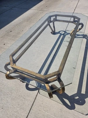 Vintage Arturo Pani Style Hollywood Regency Gold Gilt Iron Glass Coffee Table - Image 1 of 4